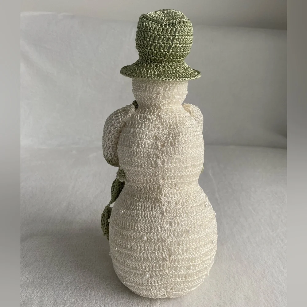 Delicate Crochet Snowman Figurine Cream White Green Pearls Victorian‎ Christmas